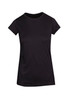 A black women's t-shirt with short sleeves, featuring a smooth, lightweight design and a subtle branding.