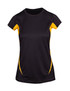 A black women's T-shirt with yellow accents and a logo on the front. Features a cool-dry fabric. A black women's T-shirt with yellow accents and a logo on the front. Features a cool-dry fabric.