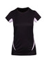 A black women's cool-dry T-shirt with white accents and a fitted design. It features short sleeves and a logo.