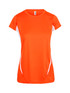 An orange women's T-shirt with short sleeves, featuring white side panels and a logo. An orange women's T-shirt with short sleeves, featuring white side panels and a logo.