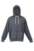 A grey zip-up hoodie featuring a front pocket and drawstring hood, with a brand logo present.