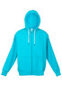 A turquoise zip hoodie featuring a front pocket and a hood, with a logo on the chest.