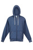 A heather navy zip hoodie with a hood and front pockets, featuring a logo on the chest area.