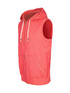 A red sleeveless zip hoodie featuring a front pocket and drawstring hood, part of the Greatness Range.