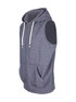 A men's heather grey sleeveless zip hoodie featuring a hood and front pockets, with a subtle branding. A men's heather grey sleeveless zip hoodie featuring a hood and front pockets, with a subtle branding.