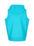 A sleeveless zip hoodie in a bright turquoise colour with a hood, featuring a logo on the back. A sleeveless zip hoodie in a bright turquoise colour with a hood, featuring a logo on the back.