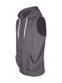 A grey sleeveless zip hoodie with a hood and front pockets, featuring a logo on the chest.