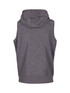 A grey sleeveless zip hoodie with a hood, featuring a plain back and a relaxed fit. A grey sleeveless zip hoodie with a hood, featuring a plain back and a relaxed fit.