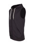A black sleeveless zip hoodie with a front pocket and drawstring hood. It features a logo on the design.