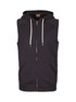 A black sleeveless zip hoodie with a hood, featuring front pockets and a logo on the label.