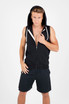 A sleeveless black zip hoodie with a hood, worn by a male model, featuring a stylish design.