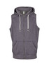 A sleeveless zip hoodie in heather grey with a front pocket and a hood, featuring a logo. A sleeveless zip hoodie in heather grey with a front pocket and a hood, featuring a logo.