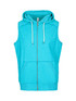 A sleeveless zip hoodie in bright turquoise with a hood and front pockets, featuring a logo. A sleeveless zip hoodie in bright turquoise with a hood and front pockets, featuring a logo.