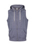A sleeveless zip hoodie in heather blue with a front pocket and drawstring hood. Features a branding logo.