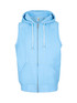 A sleeveless zip hoodie in light blue, featuring a hood and front pockets, with a branded logo. A sleeveless zip hoodie in light blue, featuring a hood and front pockets, with a branded logo.