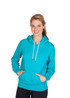 A teal hoodie is worn by a smiling woman, featuring a kangaroo pocket and a drawstring hood. It has a logo. A teal hoodie is worn by a smiling woman, featuring a kangaroo pocket and a drawstring hood. It has a logo.