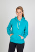 A teal hoodie featuring a kangaroo pocket and drawstring hood, worn by a smiling model.