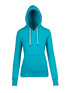 A turquoise hoodie with a front pocket, adjustable drawstrings, and a hood. It features a logo.