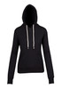 A black women's hoodie featuring a front pocket, drawstring, and a hood, with a logo present.