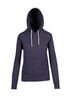 A navy hoodie featuring a front pocket and drawstrings on the hood, with a logo on the chest.