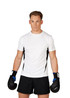 A white men's t-shirt with black side accents, featuring a model wearing boxing gloves and shorts. A white men's t-shirt with black side accents, featuring a model wearing boxing gloves and shorts.