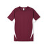 A maroon men's T-shirt with white side panels and a logo on the front. It's made from cool dry material. A maroon men's T-shirt with white side panels and a logo on the front. It's made from cool dry material.