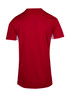A red men's T-shirt with short sleeves, featuring a design on the back and a logo.