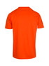 An orange men's t-shirt with a smooth fabric and short sleeves, featuring a branding logo.