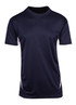 A navy blue men's t-shirt with short sleeves and contrasting white side panels, featuring a logo. A navy blue men's t-shirt with short sleeves and contrasting white side panels, featuring a logo.