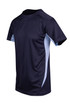A navy blue and light blue men's t-shirt with short sleeves and a logo. Features a cool dry fabric design.