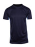 A navy blue men's T-shirt featuring short sleeves and a fitted design, with light blue side accents. A navy blue men's T-shirt featuring short sleeves and a fitted design, with light blue side accents.