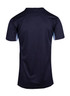 A dark navy blue men's T-shirt featuring a sleek design and a logo on the front. A dark navy blue men's T-shirt featuring a sleek design and a logo on the front.