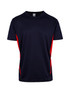 A navy blue T-shirt with red side accents and a logo, designed for men. A navy blue T-shirt with red side accents and a logo, designed for men.
