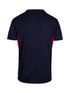 A navy and red men's t-shirt with a back design and a logo. Features short sleeves and a sporty look.