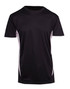 A black men's T-shirt with white side accents and a logo on the front. Suitable for active wear.