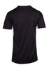 A black men's t-shirt with short sleeves and side accents, featuring a logo. A black men's t-shirt with short sleeves and side accents, featuring a logo.