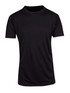 A black men's T-shirt made from cool dry fabric, featuring a round neckline and short sleeves. It has a logo.