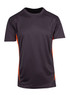 A men's T-shirt in dark grey with orange accents, featuring a logo on one side.