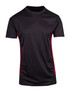 A black and red men's T-shirt featuring a smooth fabric and a fitted design. It includes a logo.