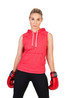 A sleeveless red hoodie with a front pocket, worn by a model wearing boxing gloves.