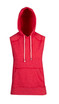 A sleeveless hoodie in heather red with a front pocket and a hood, featuring a logo. A sleeveless hoodie in heather red with a front pocket and a hood, featuring a logo.