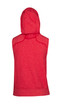 A red sleeveless hoodie with a hood, featuring a smooth texture and visible stitching details.