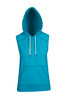 A sleeveless hoodie in vibrant aqua blue, featuring a hood, drawstrings, and a front pocket.