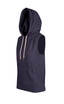 A sleeveless navy hoodie with a hood and a front pocket, featuring a branding logo.