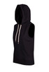 A sleeveless hooded hoodie in black with a front pocket and a drawstring. It features a logo.