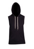 A sleeveless black hoodie featuring a hood and front pocket, with contrasting drawstrings.