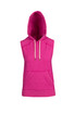 A sleeveless hoodie in a bright pink heather fabric, featuring a front pocket and a hood.