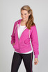 A pink women's hoodie with a zip, featuring a front pocket and a drawstring hood, modelled by a woman.