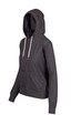 A grey zip-up hoodie with a hood, featuring a front pocket and a drawstring. It has a brand logo.