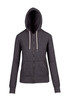 A grey zip-up hoodie with a hood and drawstring, featuring long sleeves and a casual style.